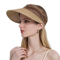 thinkstar Women Sun Visor Hats Summer Straw Hat Beach Hat Wide Brim Ponytail Hat Cap Visor Sun Hats Uv Protection Tennis Visor Khaki