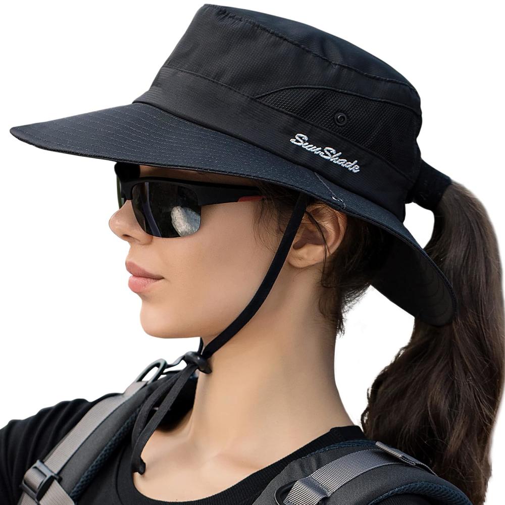 thinkstar Womens Ponytail Sun Hat Outdoor Uv Protection Foldable Mesh Bucket Hats Wide Brim Summer Beach Fishing Cap Pure Black