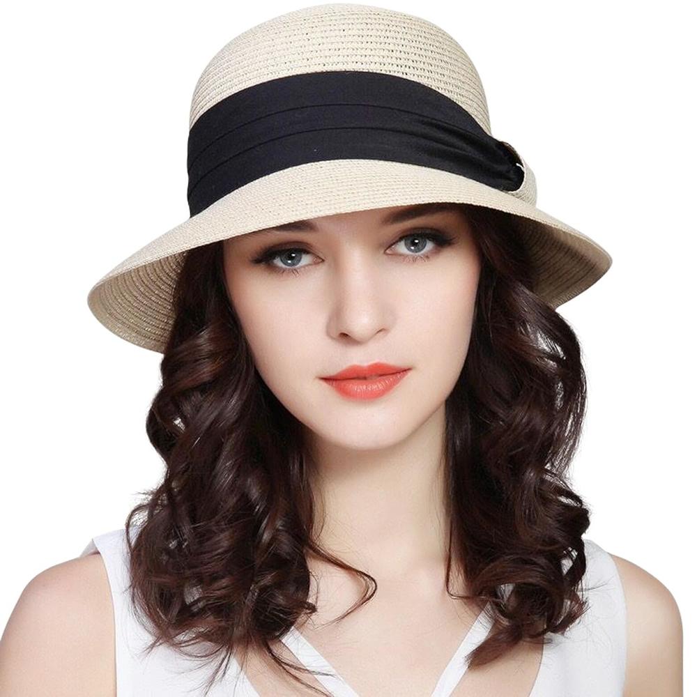 thinkstar Sun Hats For Women Wide Brim Straw Hat Summer Beach Hat Foldable Packable Cap For Travel Outdoor (Beige)