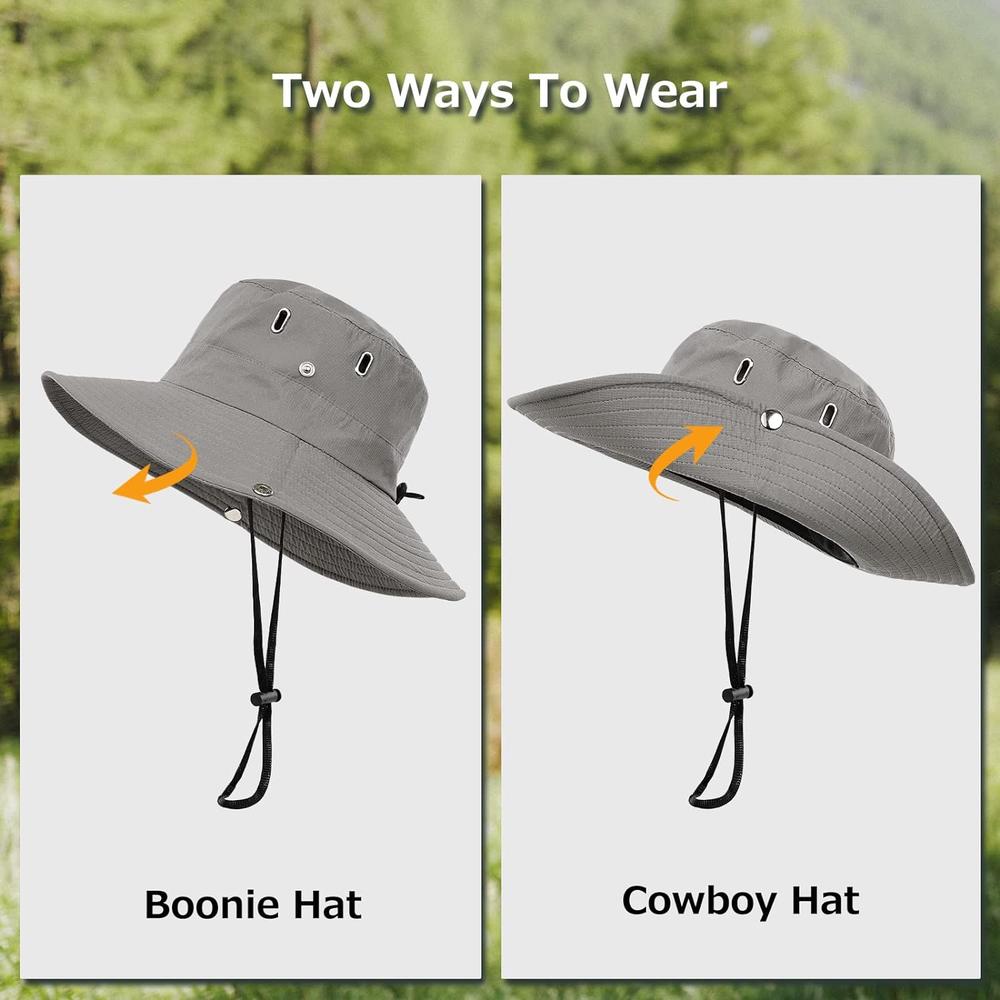 thinkstar Boonie Sun Hat Wide Brim Fishing Hat With String Upf 50+ Uv Protection Safari Cap Portable Bucket Hat For Men Women, Grey