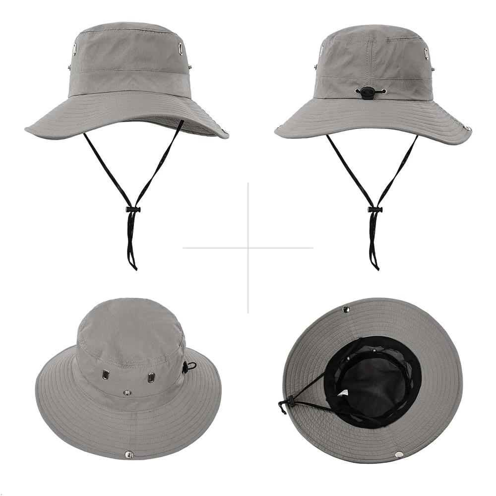 thinkstar Boonie Sun Hat Wide Brim Fishing Hat With String Upf 50+ Uv Protection Safari Cap Portable Bucket Hat For Men Women, Grey