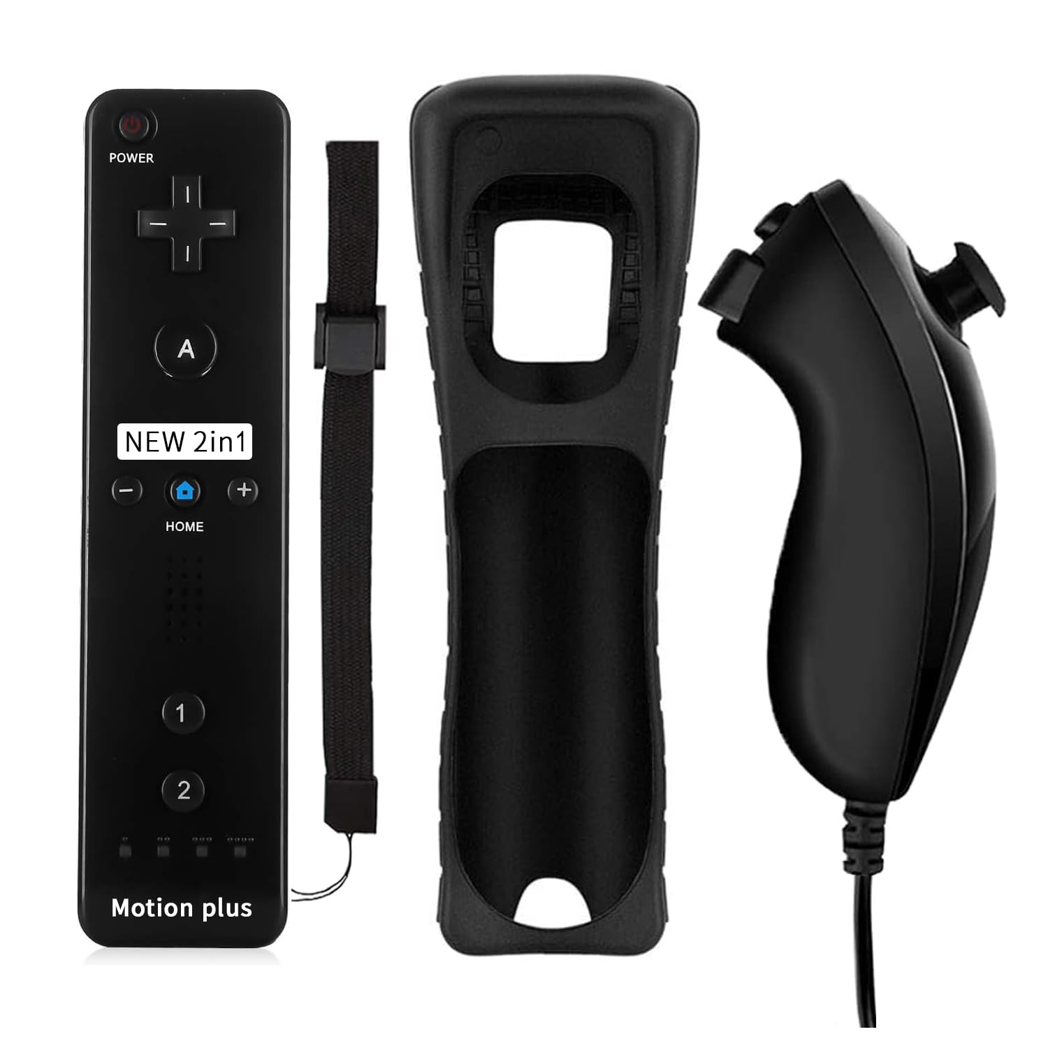 thinkstar Wii Remote Controller And Nunchuck Controller With Silicone Case And Wrist Strap-Fine Black