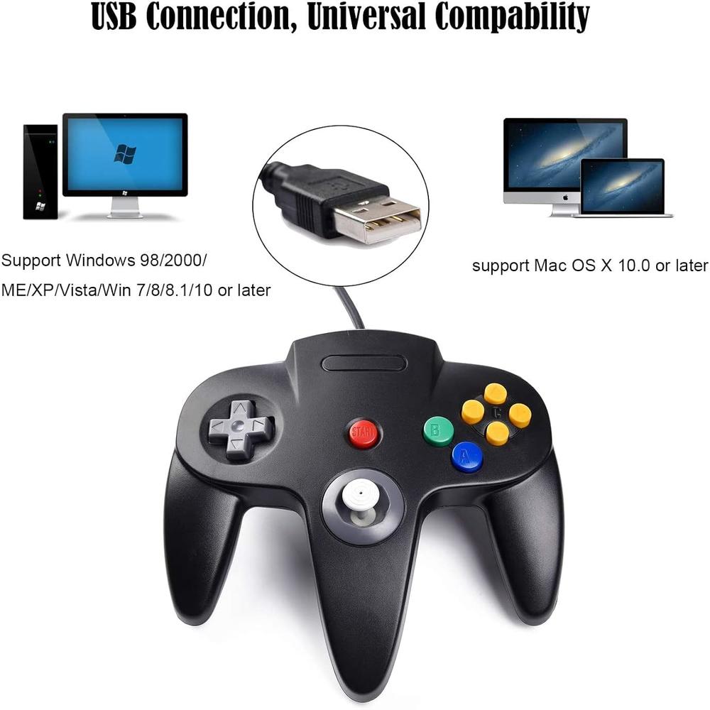 thinkstar 2 Pack Usb Wired N64 Controller, Classic N64 Pc Gamepad Joystick Controller For Windows Pc Mac Linux Raspberry Pi 3 (Black/Gray)