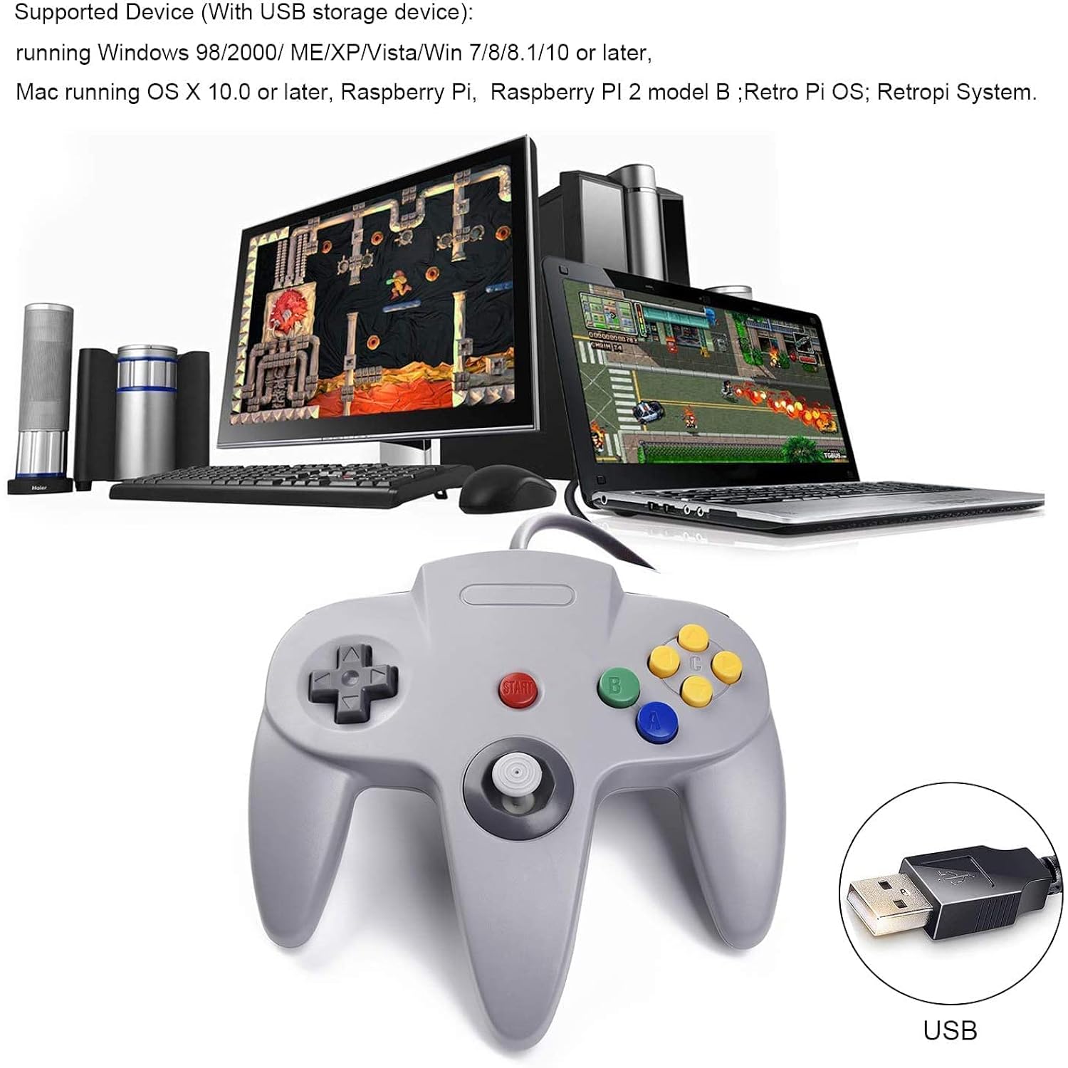 thinkstar 2 Pack Usb Wired N64 Controller, Classic N64 Pc Gamepad Joystick Controller For Windows Pc Mac Linux Raspberry Pi 3 (Black/Gray)