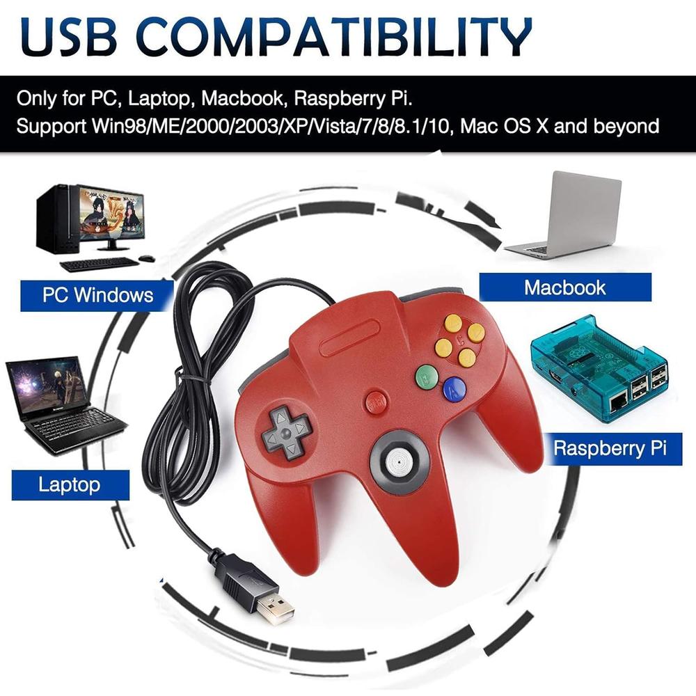 thinkstar 2 Pack Usb Wired N64 Controller, Classic N64 Pc Gamepad Joystick Controller For Windows Pc Mac Linux Raspberry Pi 3 (Black/Red)
