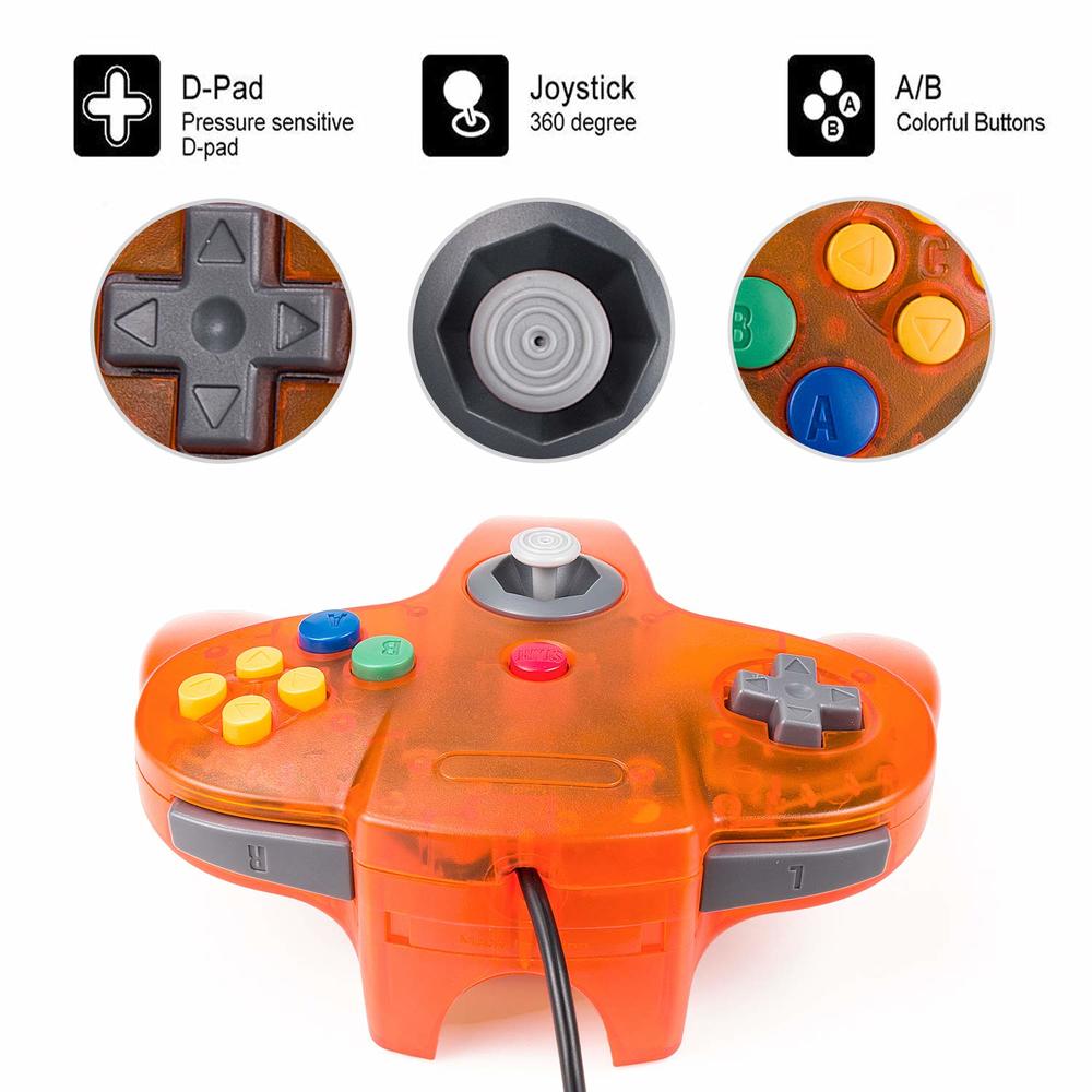 thinkstar 4 Pack Classic N64 Controller, Wired Classic N64 Gamepad With Upgraded Joystick (Black/Gray/Clear Orange/Clear Green)