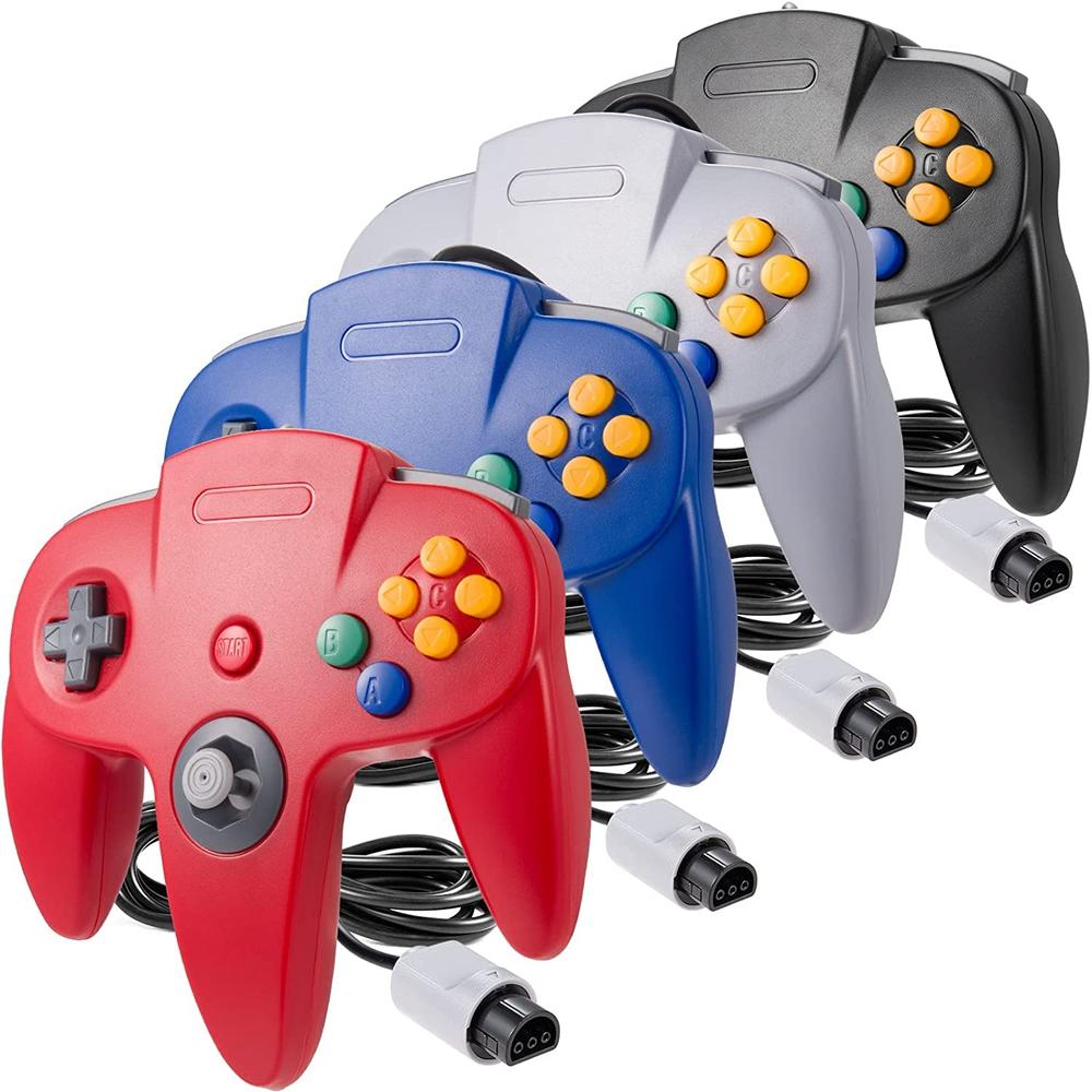 thinkstar 4 Pack Classic N64 Controller, Wired Classic N64 Gamepad With Upgraded Joystick(Non Pc Usb Version) (Black/Gray/Red/Blue)