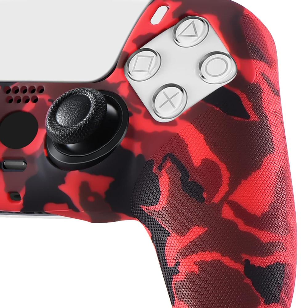 thinkstar Grip Texture Printing Silicone Cover Skin For Ps5 Dualsense Controller X 2(Camouflage Red+Blue) With Pro Thumb Grips X 8