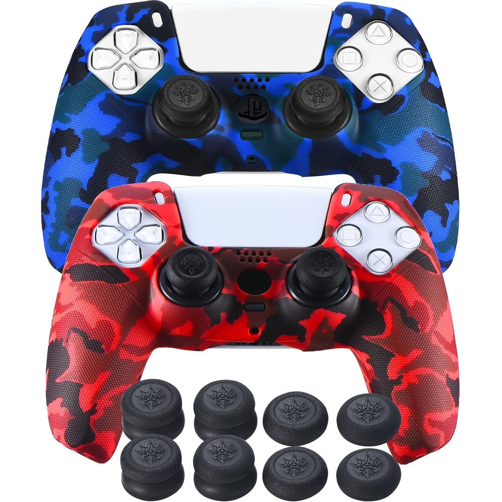 thinkstar Grip Texture Printing Silicone Cover Skin For Ps5 Dualsense Controller X 2(Camouflage Red+Blue) With Pro Thumb Grips X 8