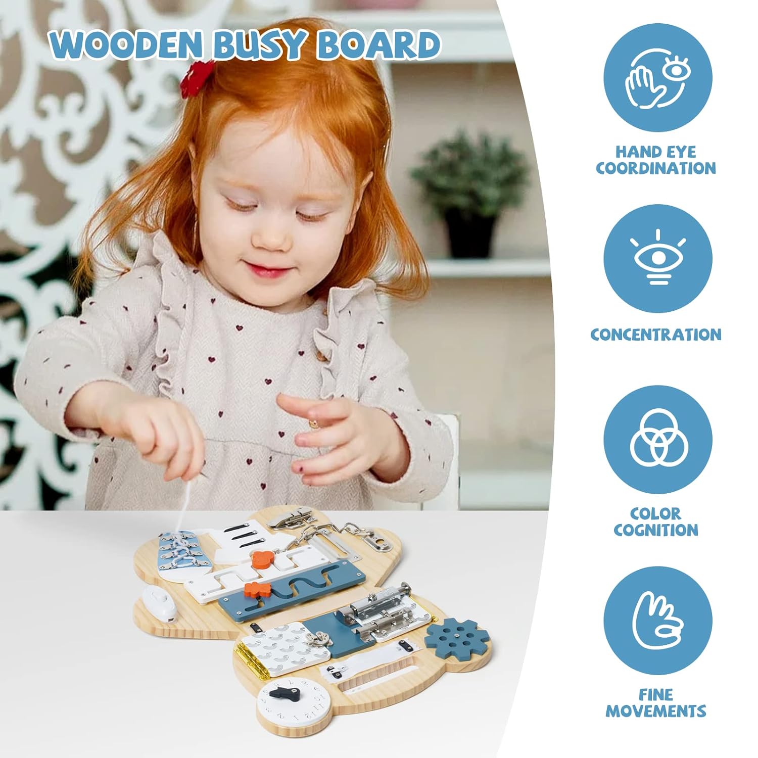 thinkstar Montessori Wooden Busy Board For Toddlers,Toddler Busy Board Montessori Sensory Activity,With Accessories Such As Shoelaces…
