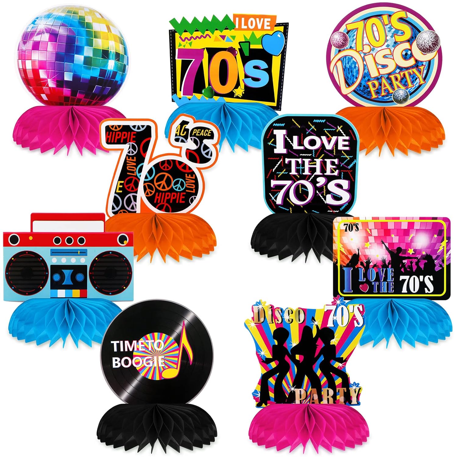 thinkstar 9 Pcs 70S Party Decorations Back To 70S Honeycomb Centerpieces Colorful Disco Party Favors 70'S Boogie Centerpieces Disco C…