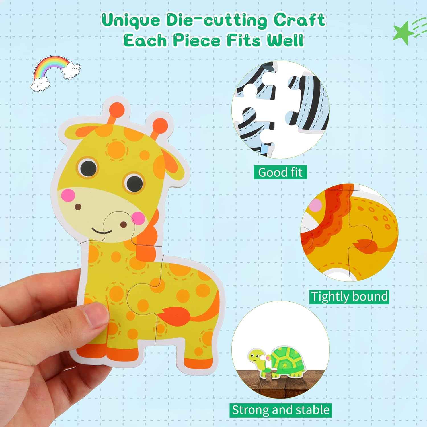 thinkstar 6 Packs Safari Animals Shaped Wooden Jigsaw Puzzles For Toddlers Ages 1-3, Level-Up Puzzles For Beginner, Montessori Learni…