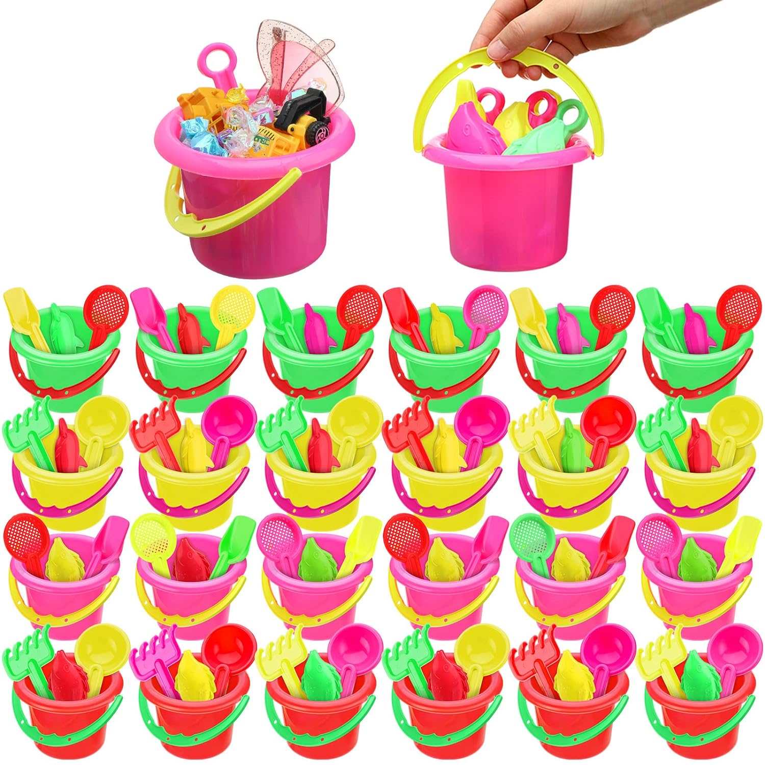 thinkstar 24 Set Sand Buckets And Shovels For Kids 3.94" Mini Sand Bucket Party Favor Sand Box Play Set And Mini Beach Sand Pail Incl…