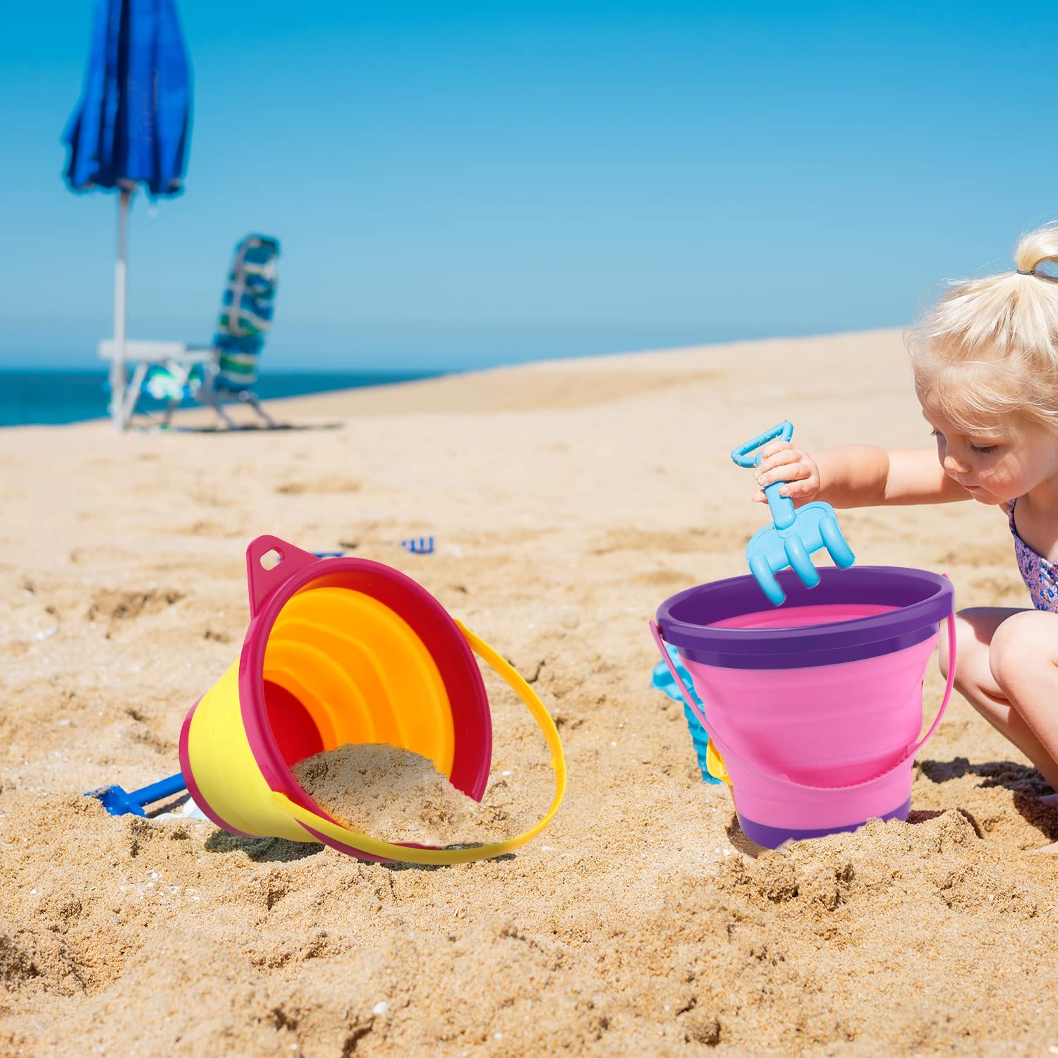 thinkstar 3Pcs Foldable Beach Bucket, Kids Beach Bucket Silicone Fodable Sand Bucket Beach Toys Potable And Space-Saving Beach Bucket…
