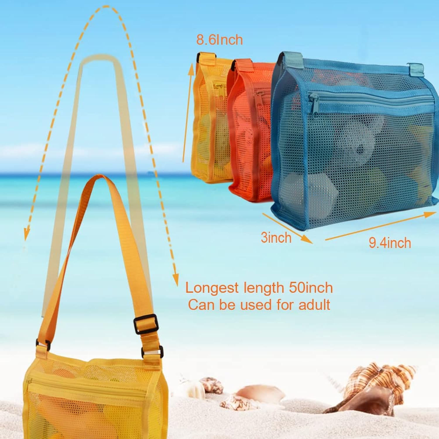 thinkstar Beach Mesh Bag Beach Shell Bags For Holding Beach Shell,Toys (Blue&Yellow&Orange 3Pack) Shell Collecting Bags For Kids Shel…