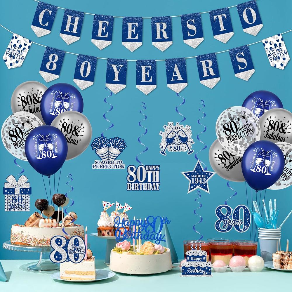 80th Color thinkstar Blue 80Th Birthday Decorations For Men Navy Blue Silver ...