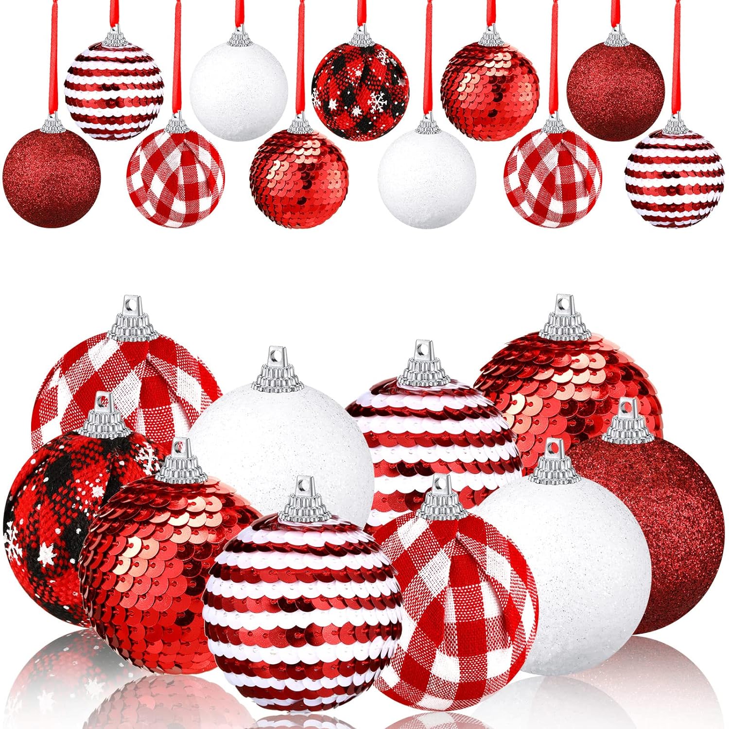 thinkstar 12 Pieces Christmas Buffalo Plaid Balls Ornaments Christmas Tree Ornaments Glitter Sequin Fabric Wrapped Decorative Hanging…