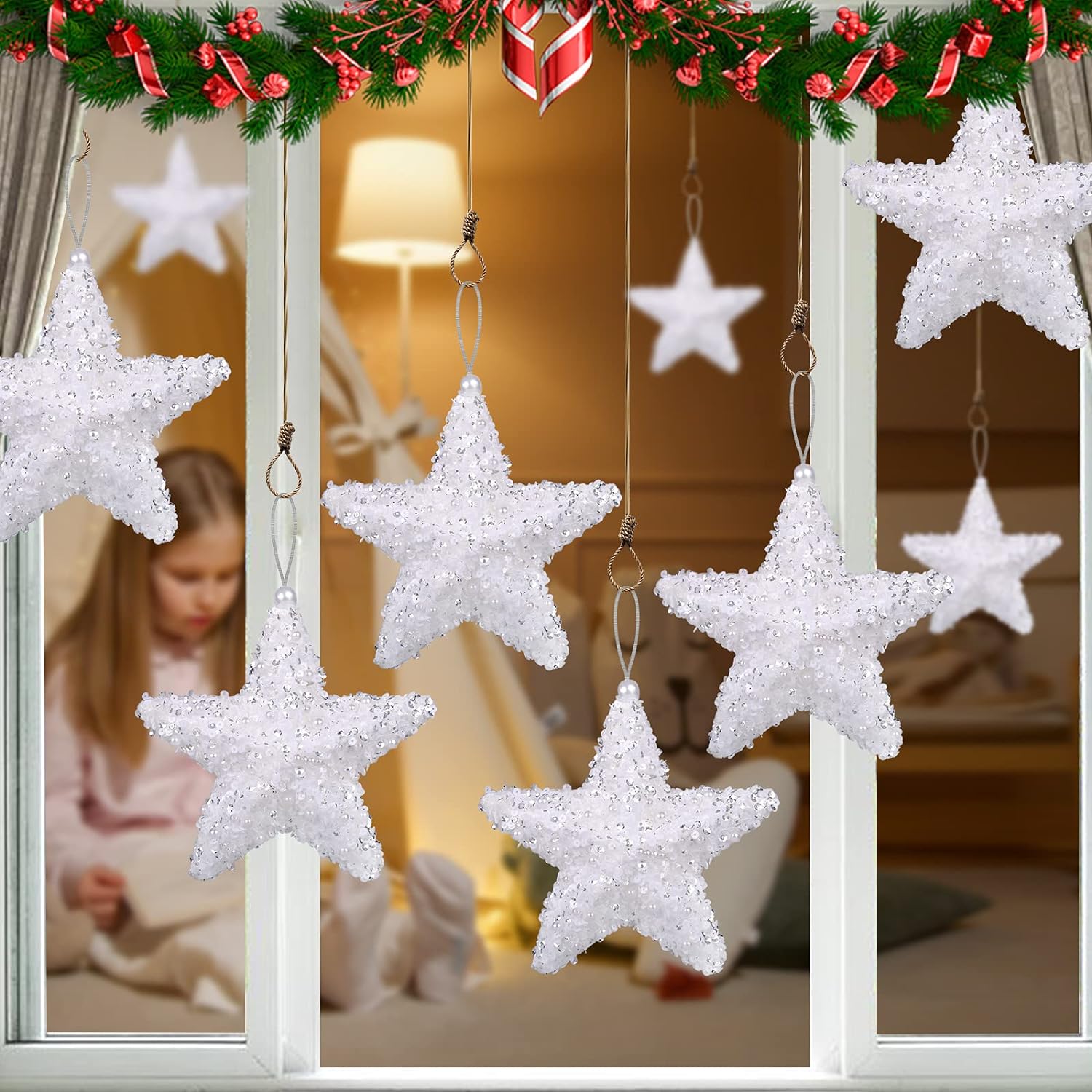 thinkstar 6" Five-Pointed Star Christmas Ornaments,4Pc Set White Christmas Decorations Star For Xmas Trees Hanging Ornaments, Wedding…