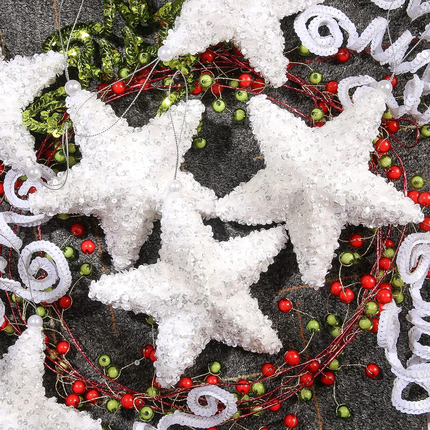 thinkstar 6" Five-Pointed Star Christmas Ornaments,4Pc Set White Christmas Decorations Star For Xmas Trees Hanging Ornaments, Wedding…