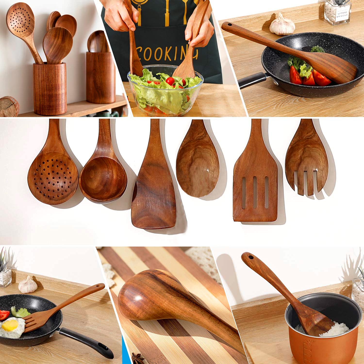 thinkstar Wooden Spoons For Cooking,7Pcs Wooden Utensils For Cooking Teak Wooden Kitchen Utensil Set Wooden Cooking Utensils Wooden S…