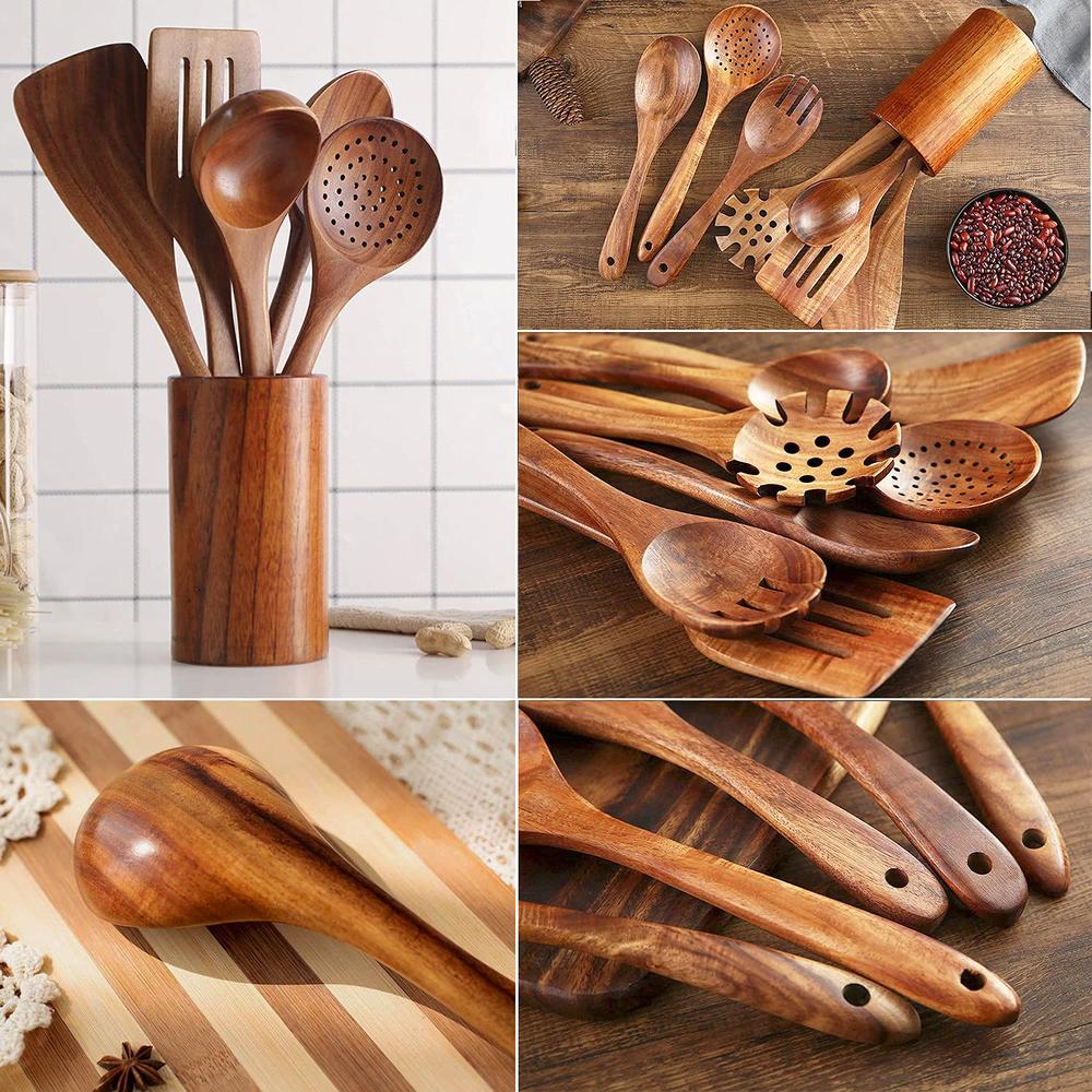thinkstar Wooden Spoons For Cooking,7Pcs Wooden Utensils For Cooking Teak Wooden Kitchen Utensil Set Wooden Cooking Utensils Wooden S…