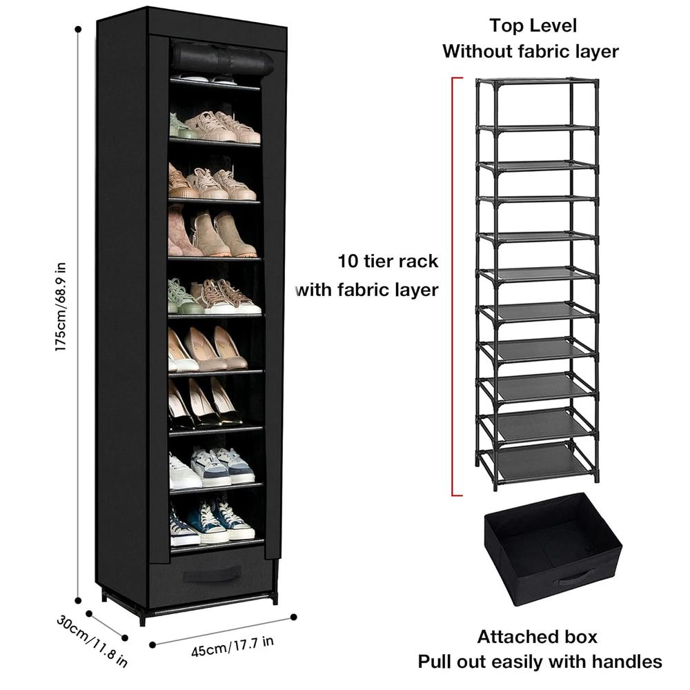 thinkstar ,10 Tier Tall Shoe Rack - Narrow Shoe Rack With Storage Box,Fabric Covered Shoe Rack,Metal Shoe Rack Organizer,Shoe Racks F…