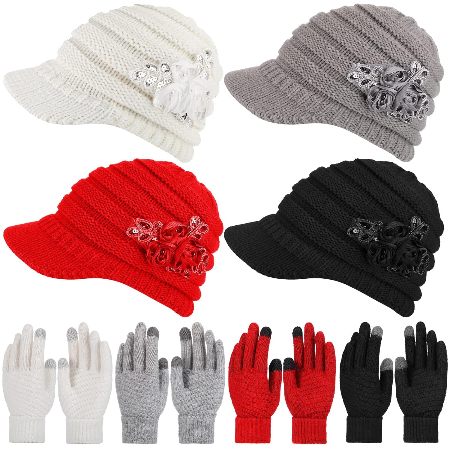 thinkstar 4 Sets Womens Winter Hats With Visor Winter Gloves Winter Warm Beanie Hats With Brim Sequined Flower Touchscreen Gloves (Cl…