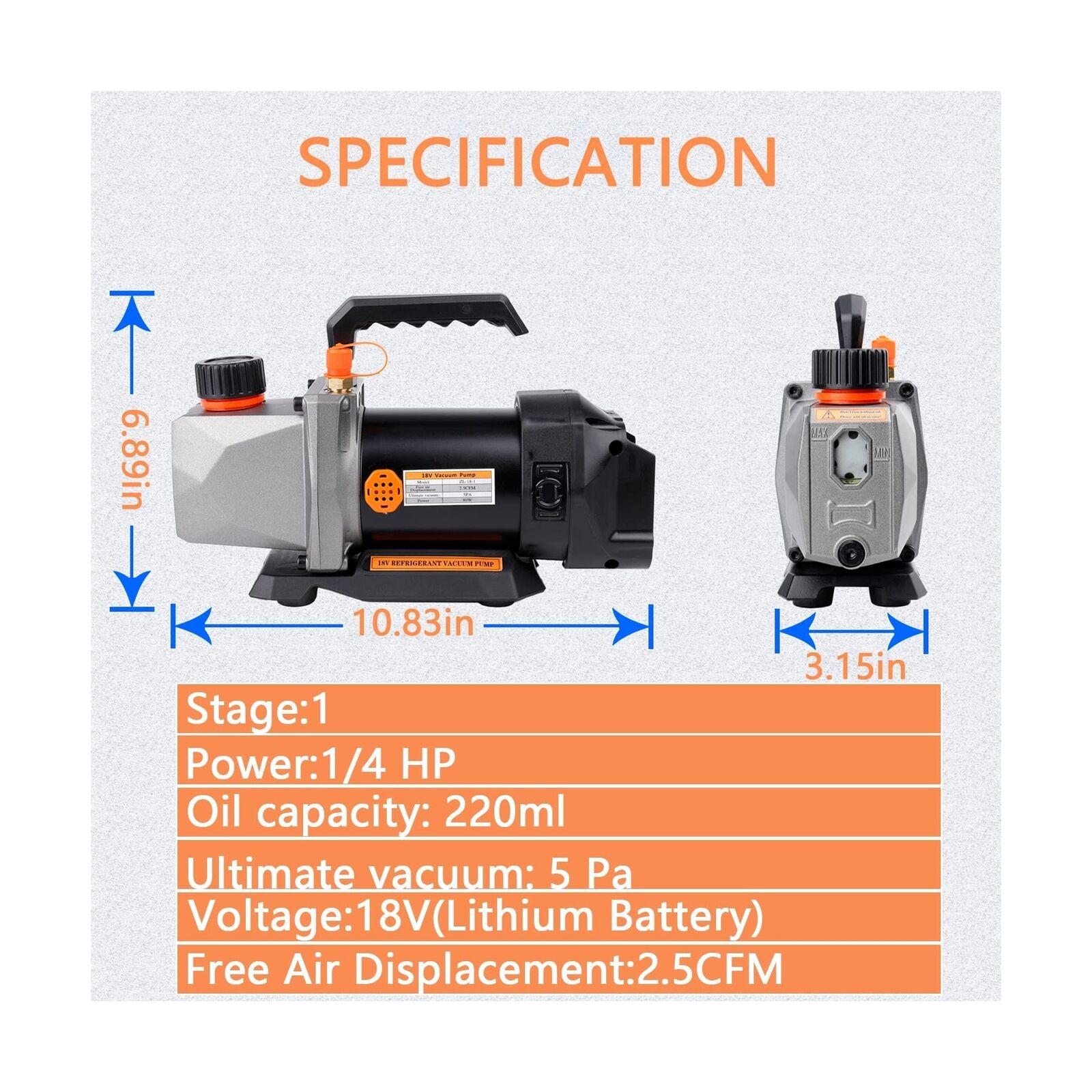 thinkstar Single-Stage Vacuum Pump 2.5Cfm 18V 60 Microns 1/4Hp For Auto Ac Refrigerant ...