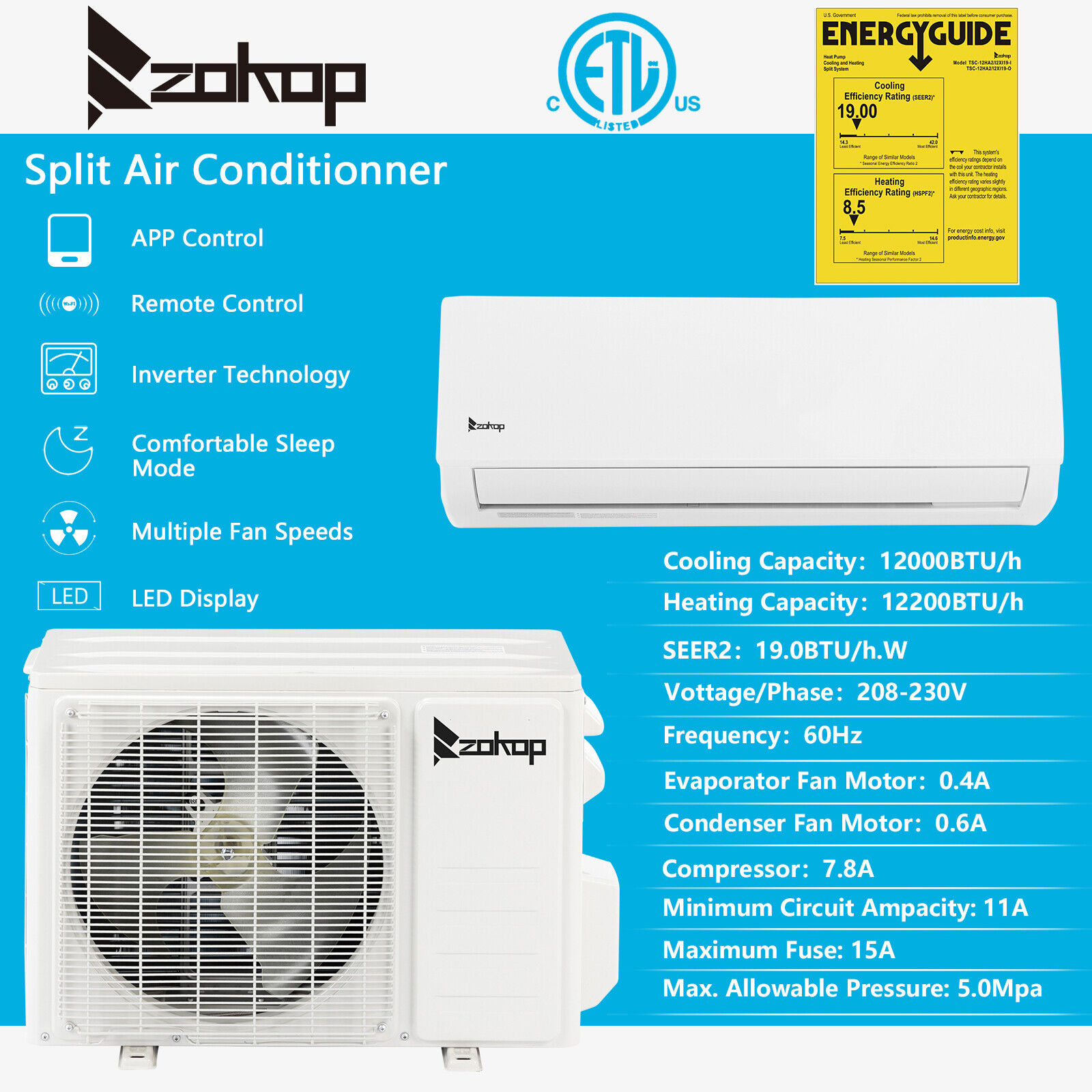 thinkstar 12000 Btu Inverter Split Air Conditioner 19 Seer Heat Home Apartment 230V