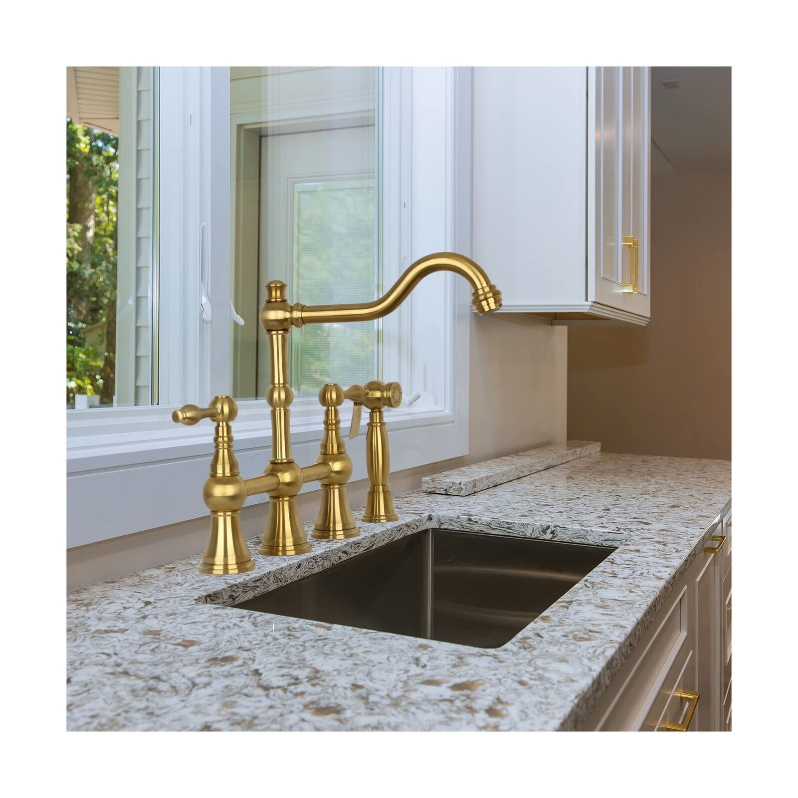 thinkstar Two-Handles Bridge Kitchen Faucet With Side Sprayer (Brushed Gold) Brushed Gold