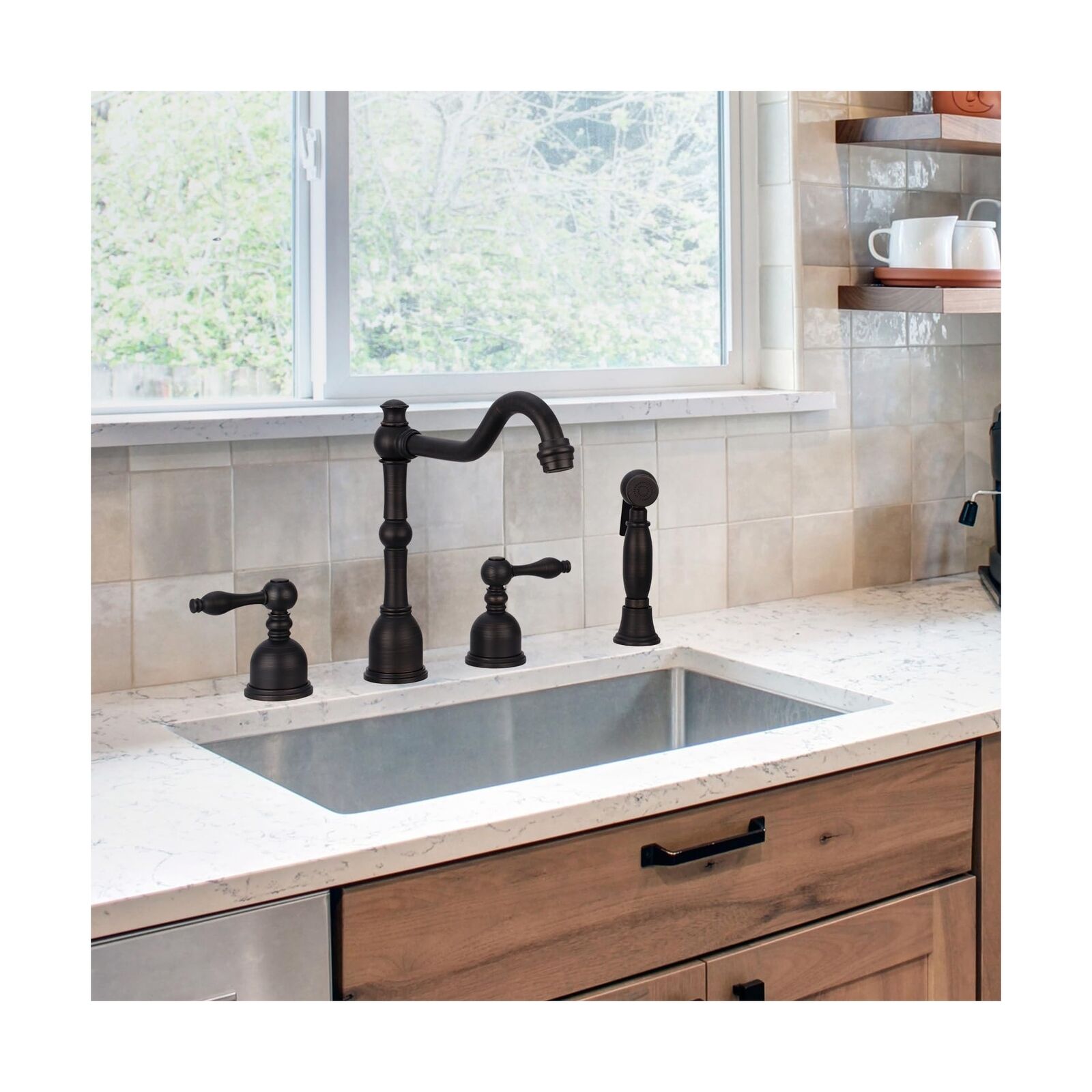 thinkstar Two-Handles Widespread Kitchen Faucet With Side Sprayer (Oil Rubbed Br...