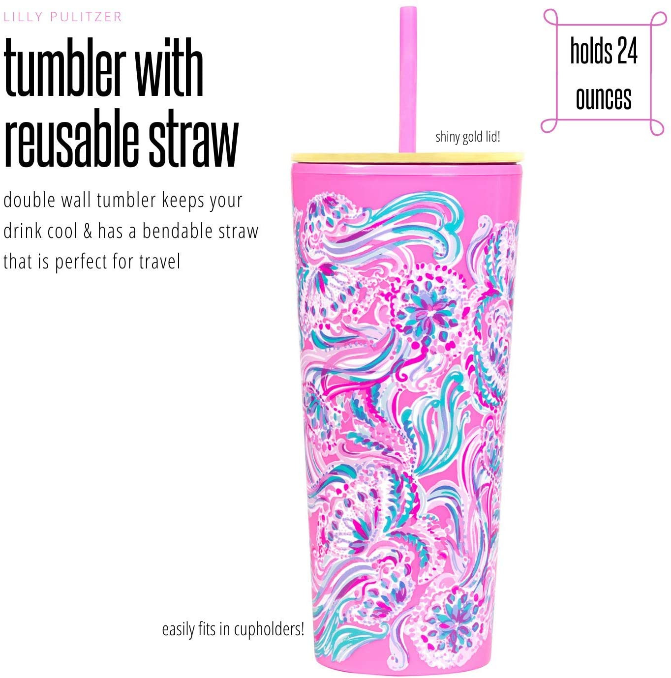 thinkstar Lilly Pulitzer Pink Double Wall Insulated Tumbler With Reusable Flexible Straw,