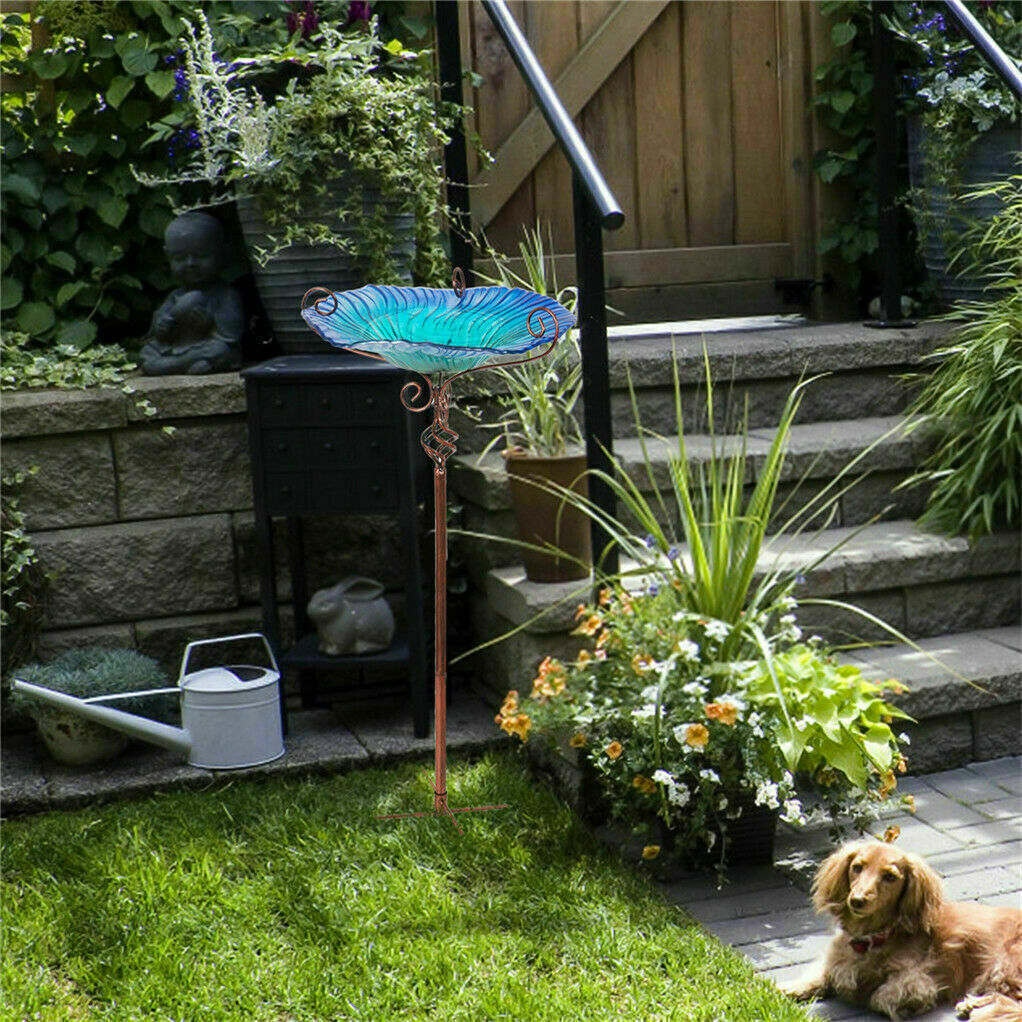 thinkstar 31.1'' High Flower Glass Bird Bath With Metal Stake Outdoor Garden Yard Birdbath