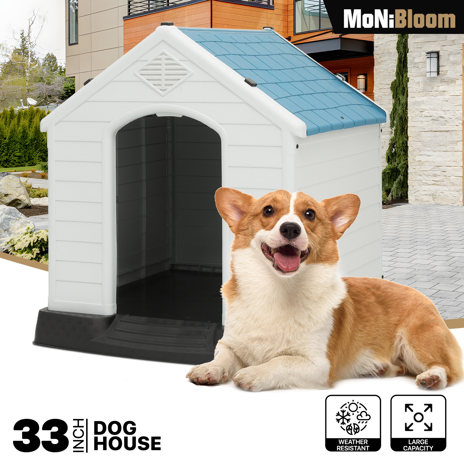 thinkstar 33" Plastic Dog House Indoor Puppy Shelter Weatherproof Pet Kennel Elevated Base