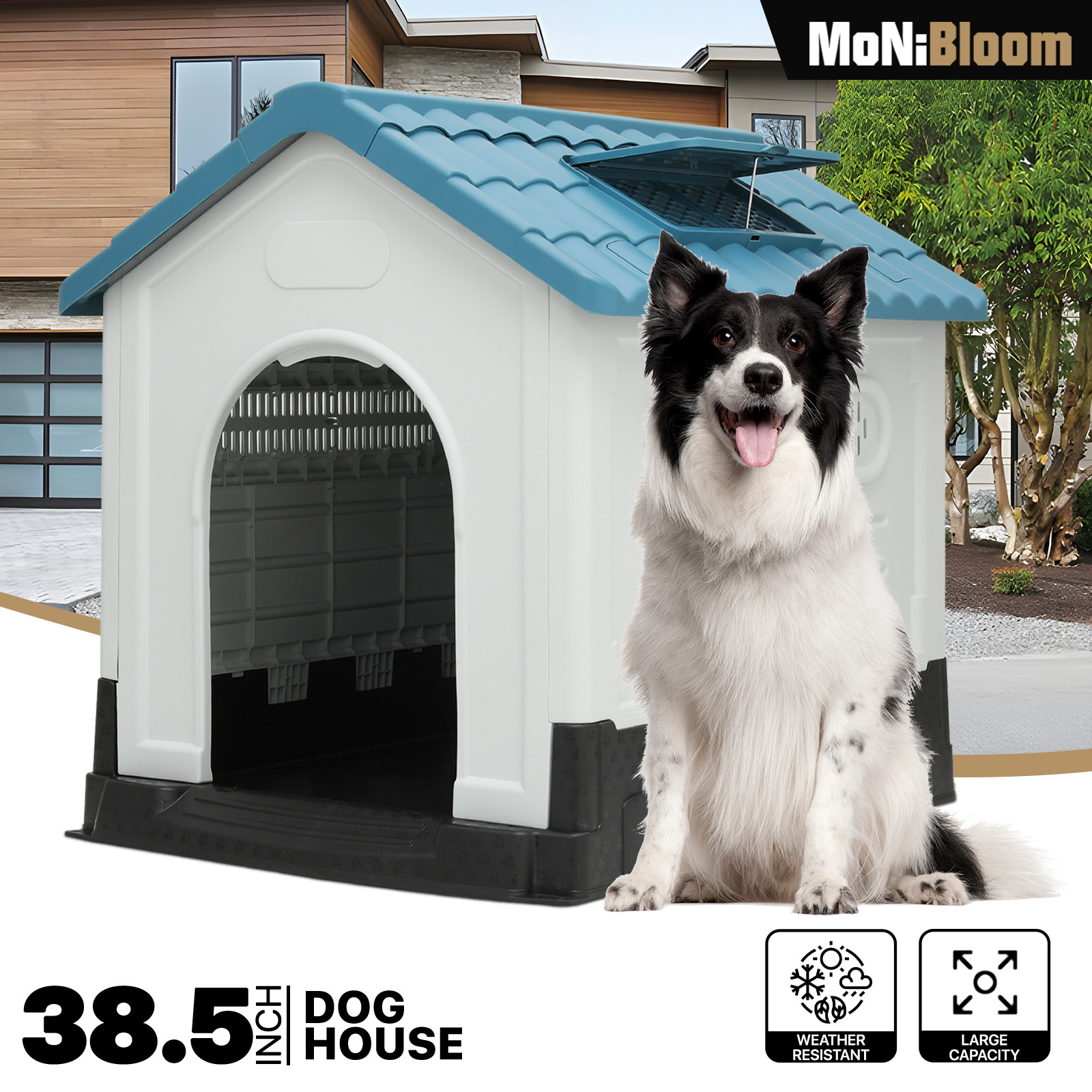thinkstar 38" Plastic Dog House Puppy Pet Kennel Shelter W/Roof Skylight+Adjustable Vents