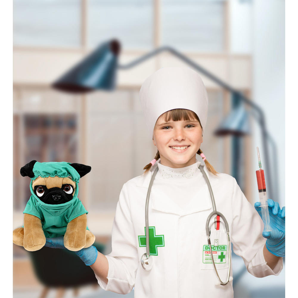 thinkstar Pug Dog Doctor Plush Toy With Cute Scrub Uniform And Cap - 8 Inches