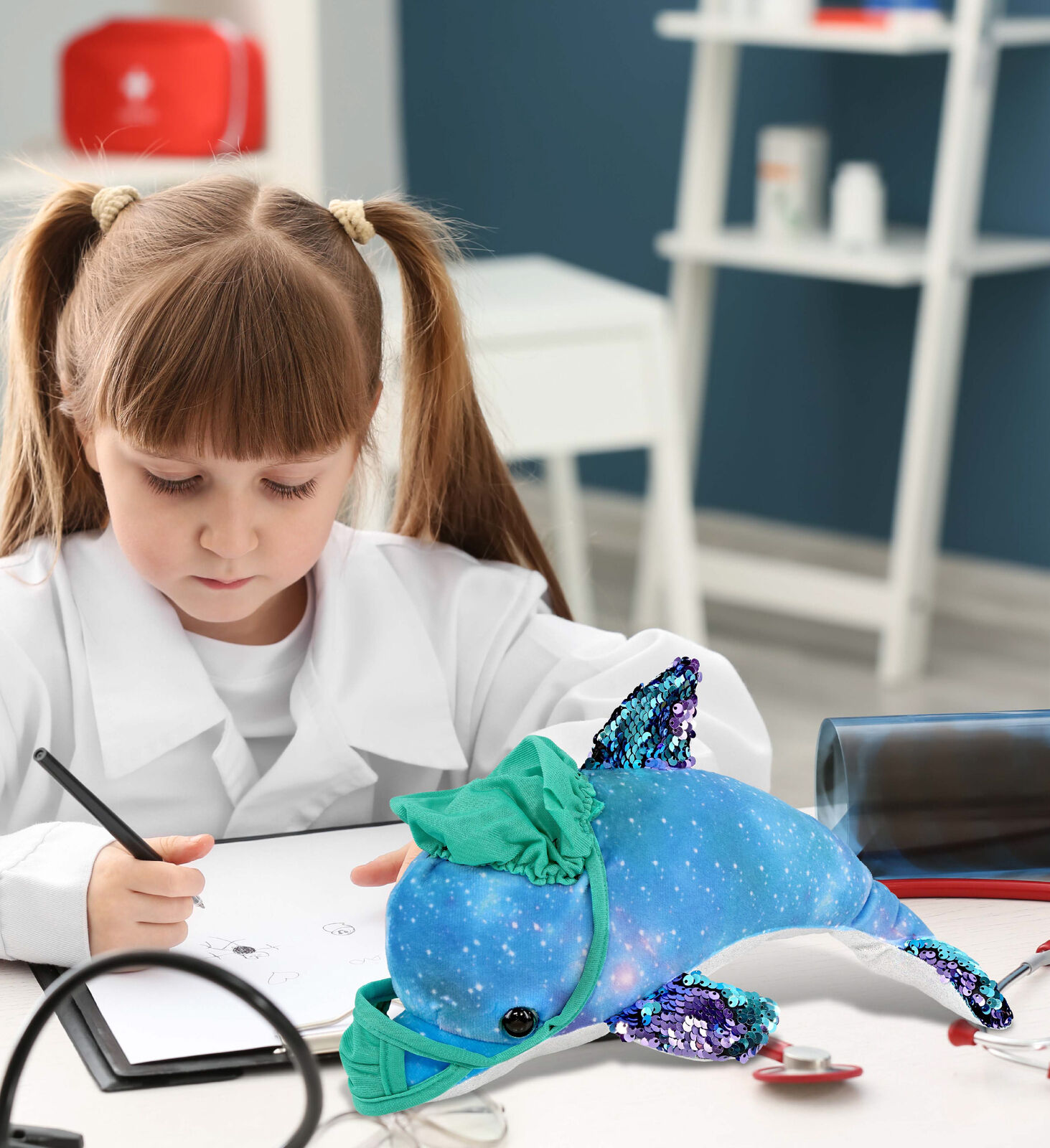 thinkstar Space Sequin Dolphin Doctor Plush With Scrub Uniform And Cap - 12 Inch