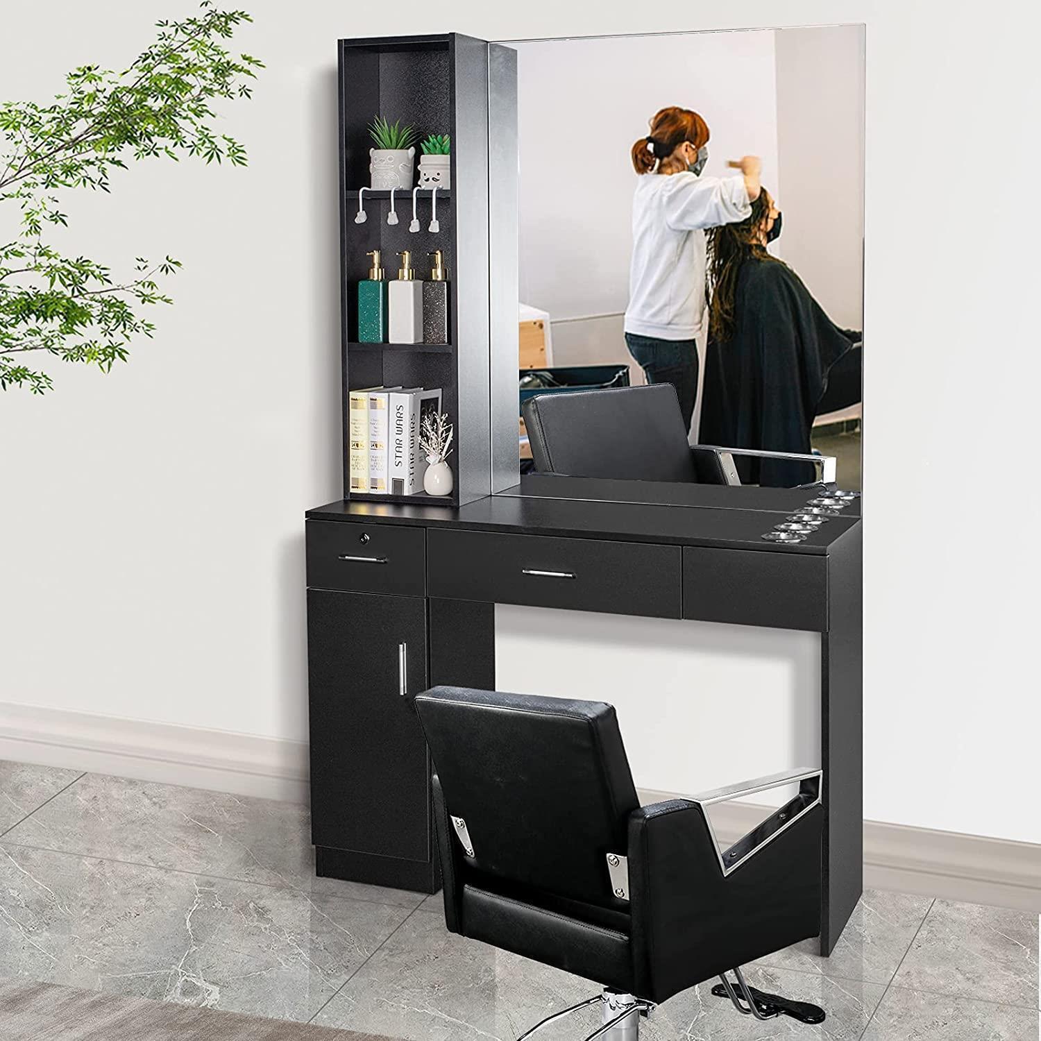 thinkstar Beauty Salon Station Table Hair Styling Barber Storage Cabinet Shelves W/ Mirror