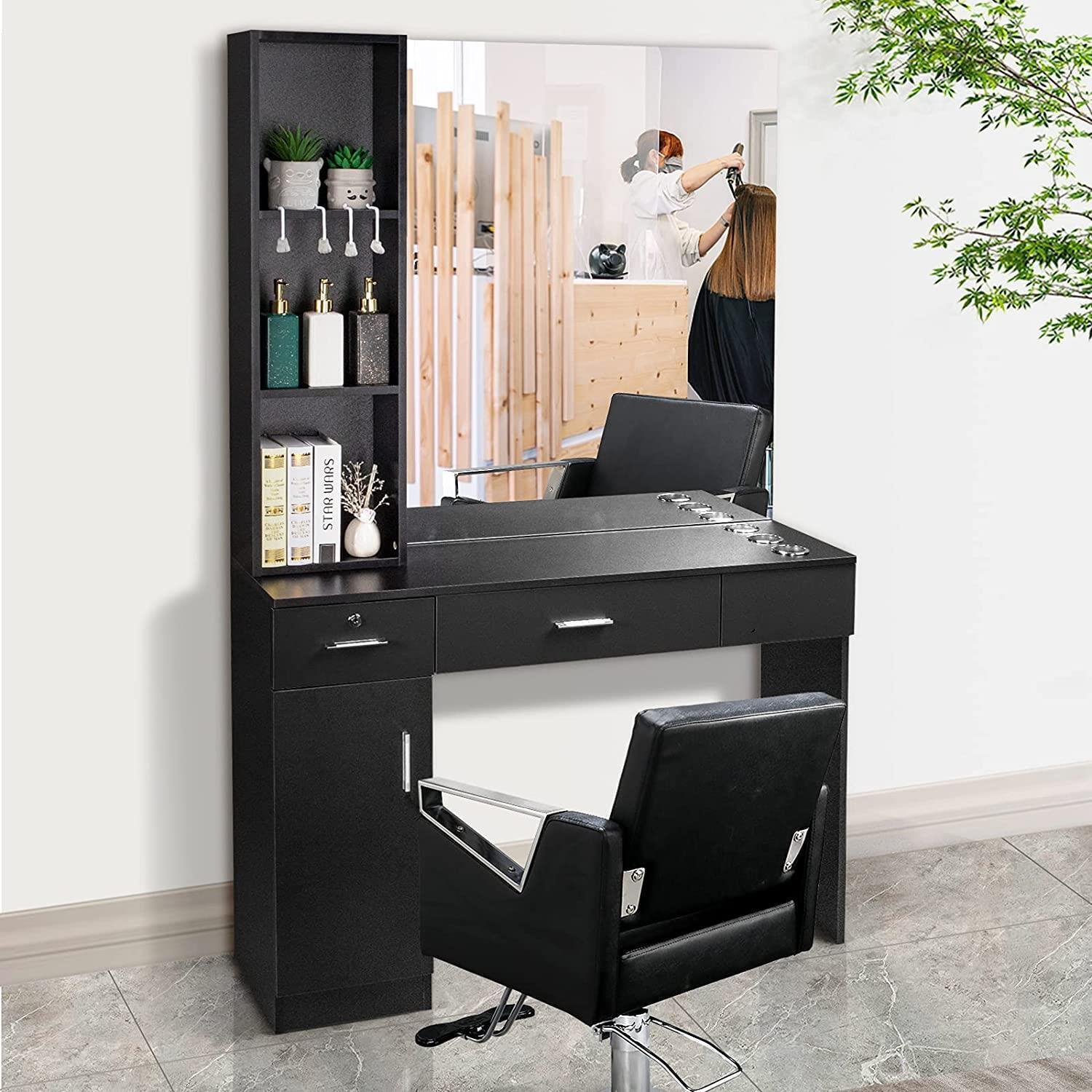 thinkstar Beauty Salon Station Table Hair Styling Barber Storage Cabinet Shelves W/ Mirror