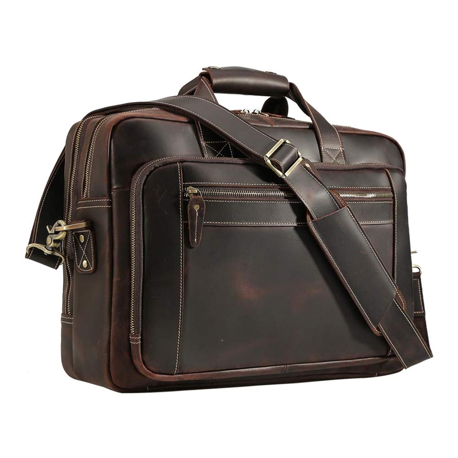 thinkstar Full Grain Leather Briefcase For Men Vintage 17 Inch Laptop Computer Case Brown Business Travel Messenger Crossbody Should…
