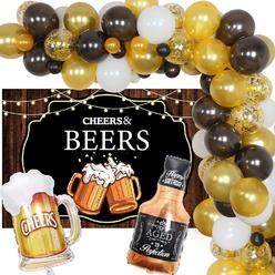thinkstar Cheers And Beers Party Decorations - Black And Gold Balloon Garland Kit With Backdrop For Men 21/25/30/35/40/50/60/70 Whis…