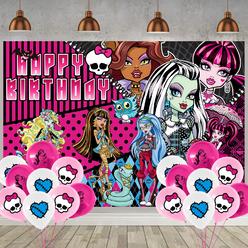 thinkstar 19Pcs Monster High Birthday Party Supplies,1 Happy Birthday Backdrop,18 Ballons For Monster High Party Decorations, 5 X 3F…