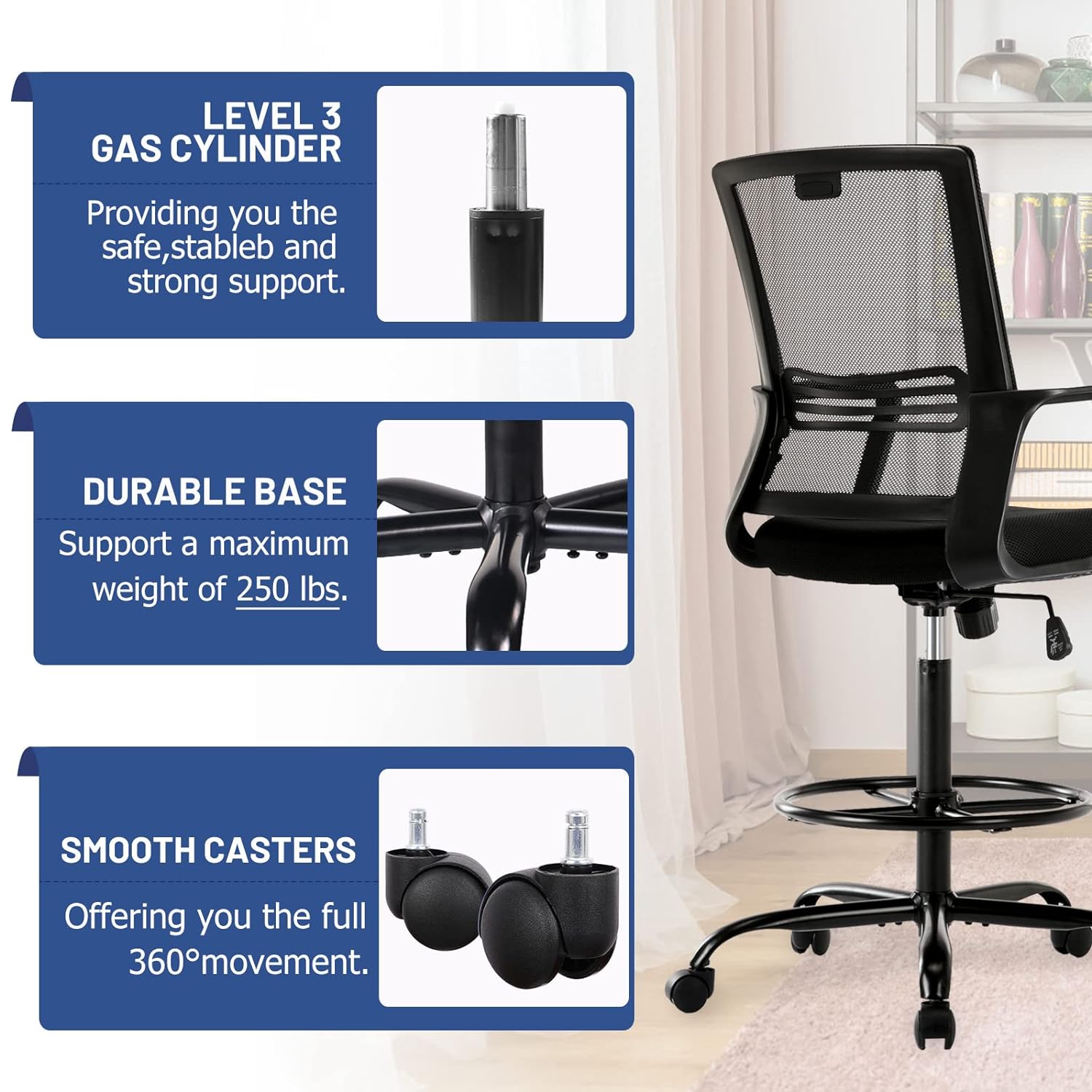 thinkstar Tall Office Chair, Drafting Chair, Counter Height Office Chairs, High Adjustable Standing Desk Chair, Ergonomic Mesh Compu…