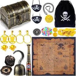 thinkstar 116 Pieces Pirate Treasure Toys, Pirate Treasure Chest Box With Coins Jewels Gems And Pirate Map Compass Telescope For Boy…