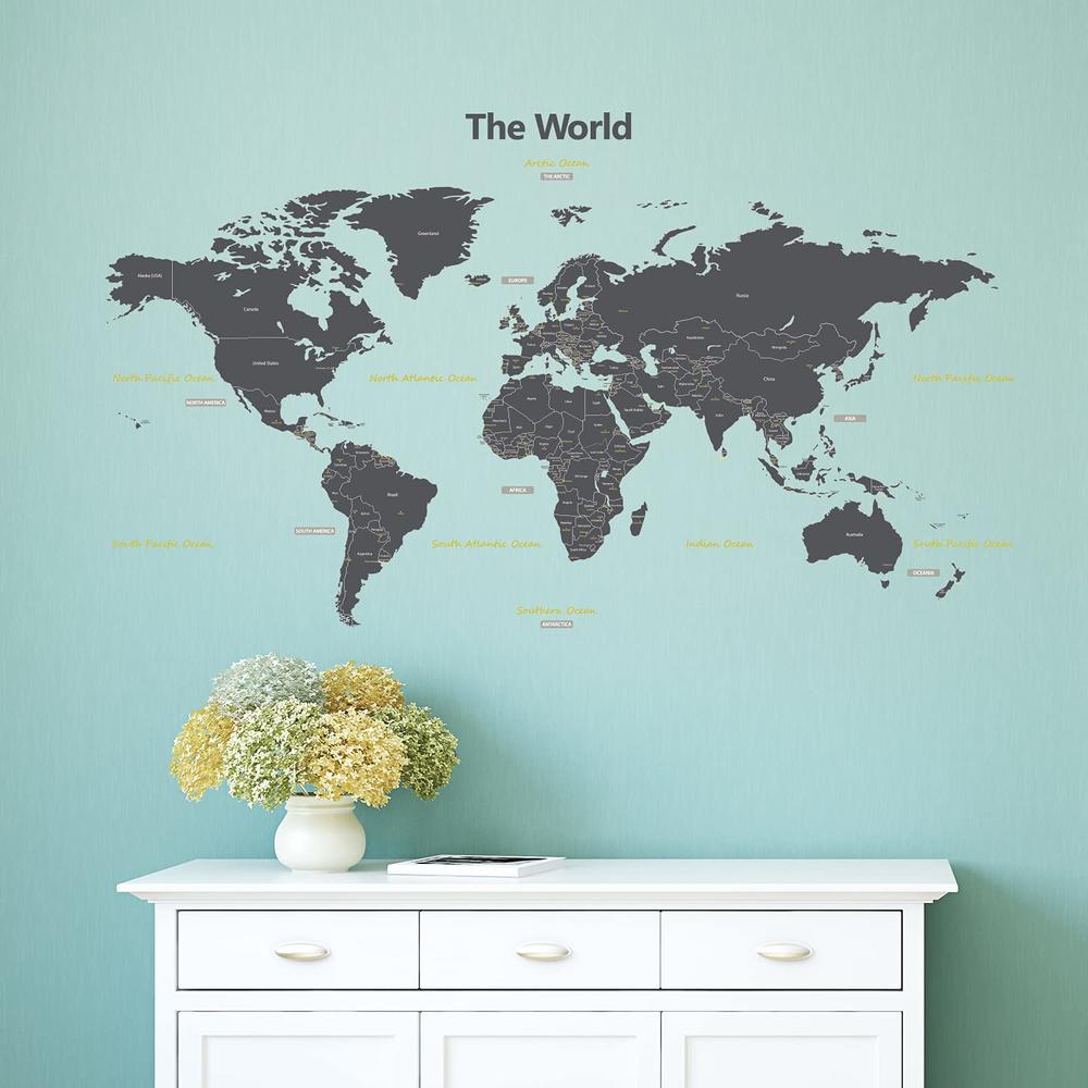 thinkstar Dl-1509G Modern Grey World Map Kids Wall Stickers Wall Decals Peel And Stick Removable Wall Stickers For Kids Nursery Bedr…