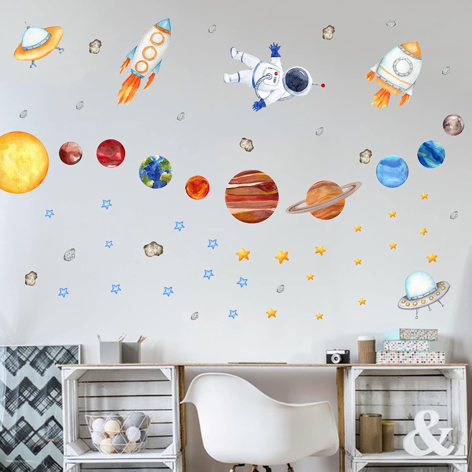 thinkstar Boys Outer Space Planet Astronaut Wall Decals Stickers, Watercolor Galaxy Solar System Spacecraft Rocket Cosmonaut Spacesh…