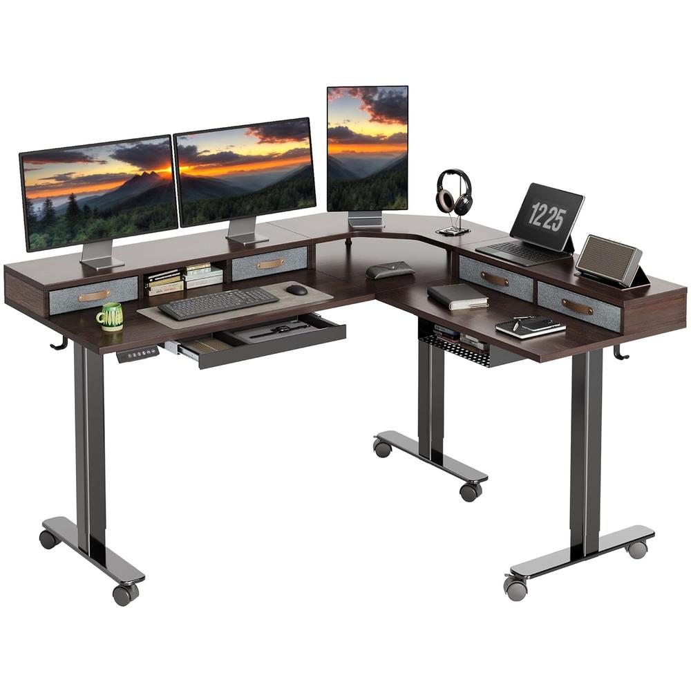thinkstar Triple Motor L Shaped Standing Desk With Drawers, Bamboo ...