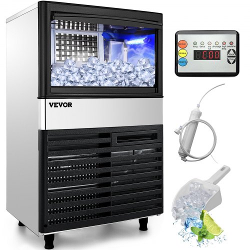 VEVOR 110V Commercial Ice Maker Machine 110LBS/24H with 39LBS Bin, LED Panel, Stainless Steel, Auto Clean, Include Water Filter