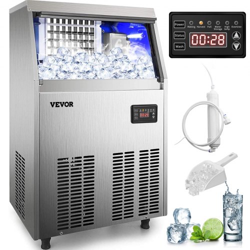 VEVOR 110V Commercial Ice Maker Machine 120-130LBS/24H with 33LBS Bin, Stainless Steel Automatic Operation Under Counter Ice Ma