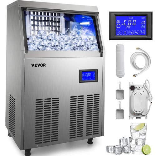 VEVOR Commercial Ice Maker 132LBS/24H with 44LBS Storage Stainless Steel Commercial Ice Machine 5x8 Ice Tray LCD Control Auto C